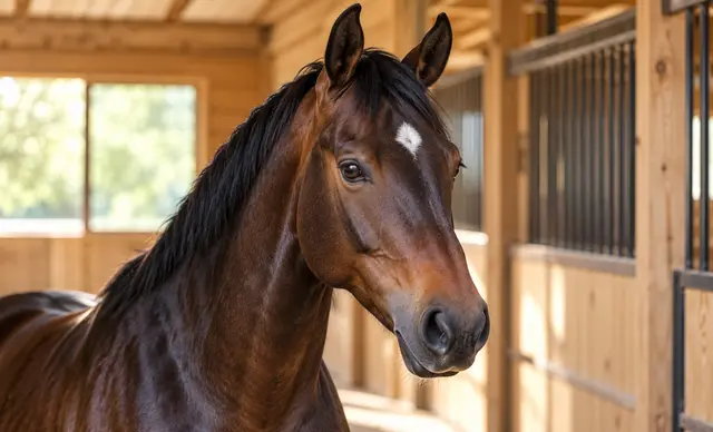 Apollo, a dark bay horse in a sunlit stable