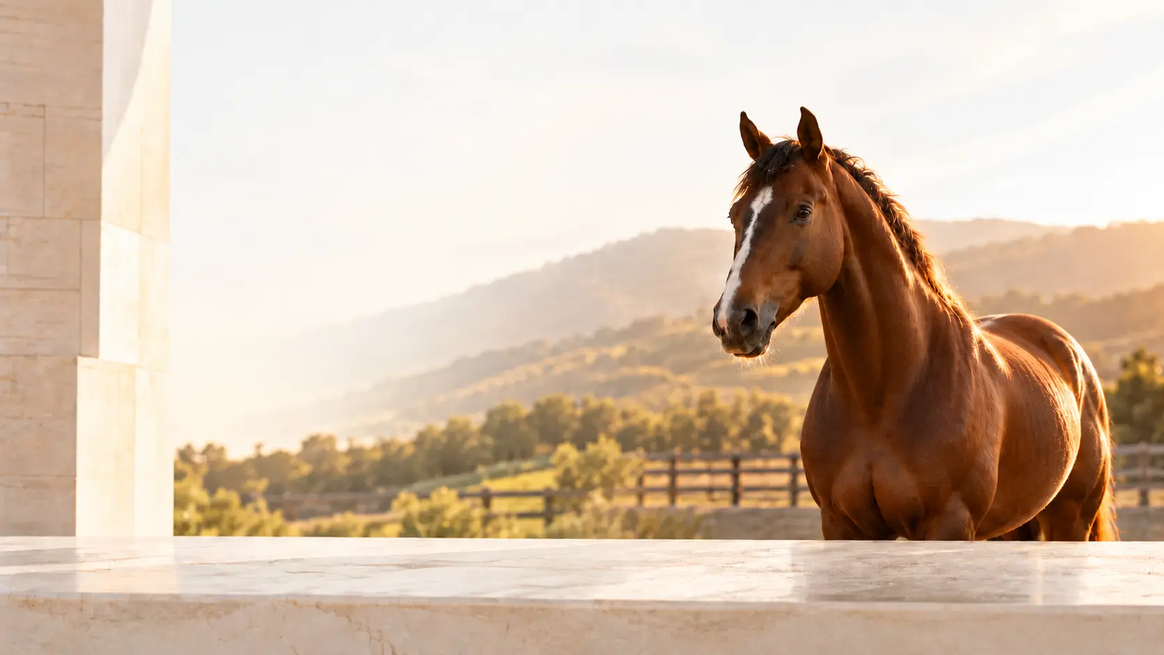 A chestnut horse at the ranch in the warm evening light